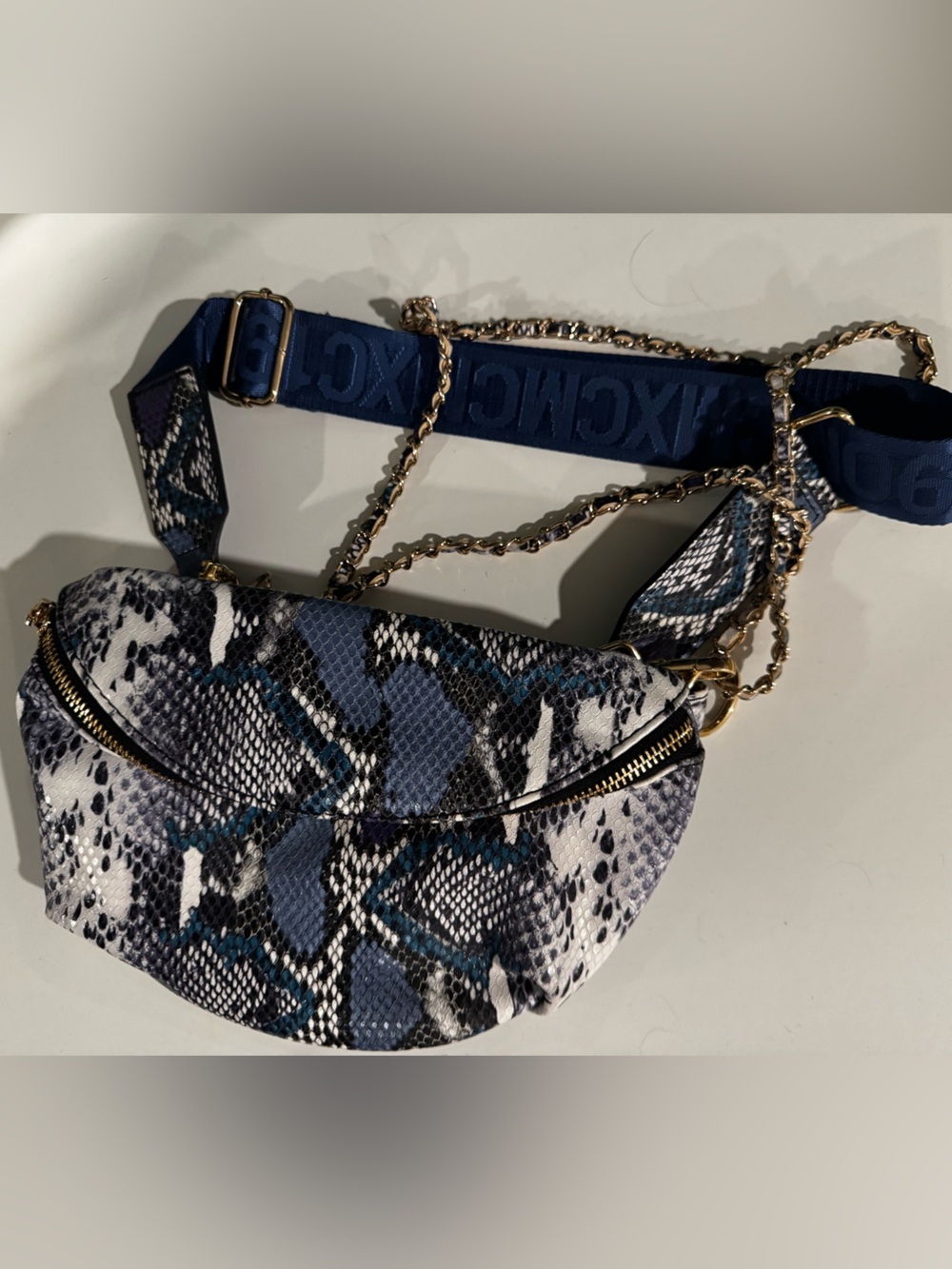 Steve Madden Blue Snake-Print Crossbody Belt Bag with Chain Strap